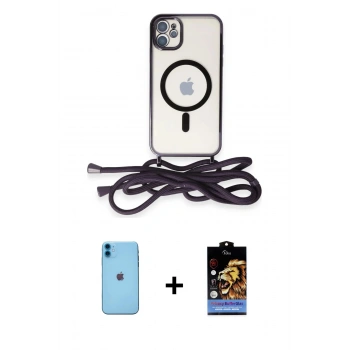 MARSİLYAN™- iPhone 11 Kılıf Eksen Özel Seri - Siyah Buffer Hayalet Cam Ekran Koruyucu + Neon Fosforlu Kamera Lens - MI