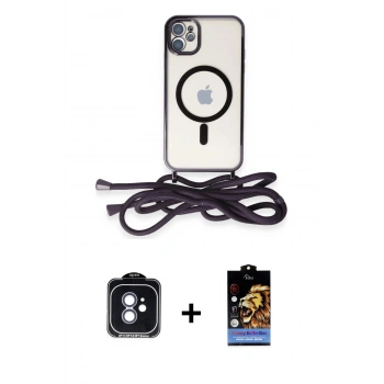 MARSİLYAN™- iPhone 11 Kılıf Eksen Özel Seri - Siyah Buffer Hayalet Cam Ekran Koruyucu + PVD Metal Kamera Lens - MI