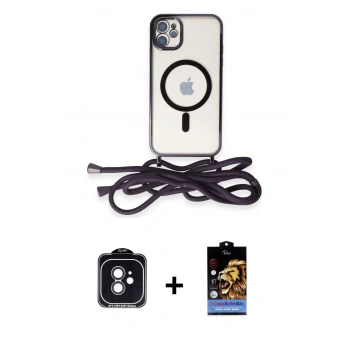 MARSİLYAN™- iPhone 11 Kılıf Eksen Özel Seri - Siyah Buffer Hayalet Cam Ekran Koruyucu + PVD Metal Kamera Lens - SH