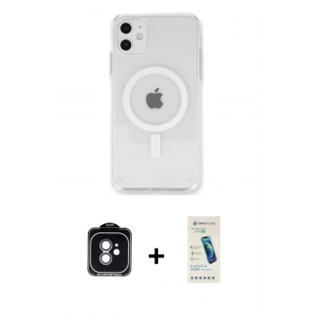 MARSİLYAN™- iPhone 11 Kılıf Kutup Klasik Serisi - Şeffaf Pasifik Cam Ekran Koruyucu + PVD Metal Kamera Lens - YL