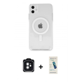 MARSİLYAN™- iPhone 11 Kılıf Kutup Klasik Serisi - Şeffaf Pasifik Cam Ekran Koruyucu + PVD Metal Kamera Lens - SH