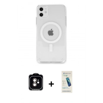 MARSİLYAN™- iPhone 11 Kılıf Kutup Klasik Serisi - Şeffaf Pasifik Cam Ekran Koruyucu + PVD Metal Kamera Lens - TU