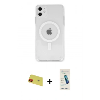 MARSİLYAN™- iPhone 11 Kılıf Kutup Klasik Serisi - Şeffaf Pasifik Cam Ekran Koruyucu + Rainbow Kamera Lens Koruma Cam - KI