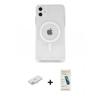 MARSİLYAN™- iPhone 11 Kılıf Kutup Klasik Serisi - Şeffaf Pasifik Cam Ekran Koruyucu + Renkli Kamera Lens Koruma Cam - SI