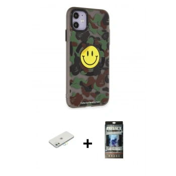 MARSİLYAN™- iPhone 11 Kılıf Nova Doku Koleksiyonu - Siyah 34D Hayalet Izgaralı Cam + Renkli Kamera Lens Koruma Cam - SI
