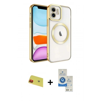 MARSİLYAN™- iPhone 11 Kılıf Nova Işık Özel Seri - Şeffaf Royal Nano Ekran Koruyucu + Rainbow Kamera Lens Koruma Cam - KI