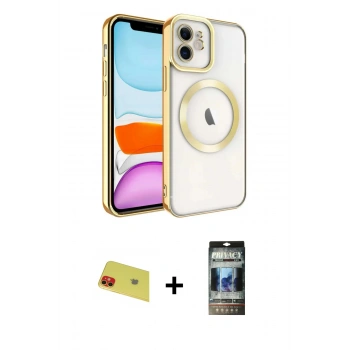 MARSİLYAN™- iPhone 11 Kılıf Nova Işık Özel Seri - Siyah 34D Hayalet Izgaralı Cam + Rainbow Kamera Lens Koruma Cam - KI