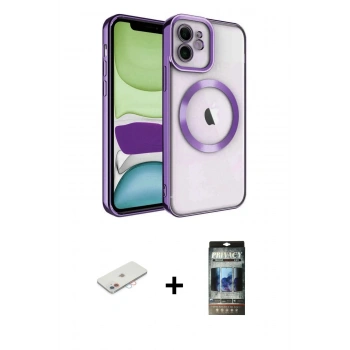 MARSİLYAN™- iPhone 11 Kılıf Nova Işık Özel Seri - Siyah 34D Hayalet Izgaralı Cam + Renkli Kamera Lens Koruma Cam - PE