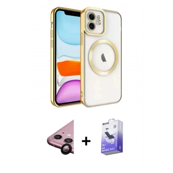 MARSİLYAN™- iPhone 11 Kılıf Nova Işık Özel Seri - Siyah Bilvis 5in1 5D Magic Hayalet Cam Ekran Koruyucu + Raze Metal Kamera Lens - SH