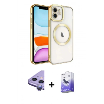 MARSİLYAN™- iPhone 11 Kılıf Nova Işık Özel Seri - Siyah Bilvis 5in1 5D Magic Hayalet Cam Ekran Koruyucu + Raze Metal Kamera Lens - MR