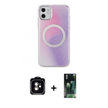 MARSİLYAN™- iPhone 11 Kılıf Pusula Form - Şeffaf 360 Full Body Arka Koruyucu + PVD Metal Kamera Lens - TU