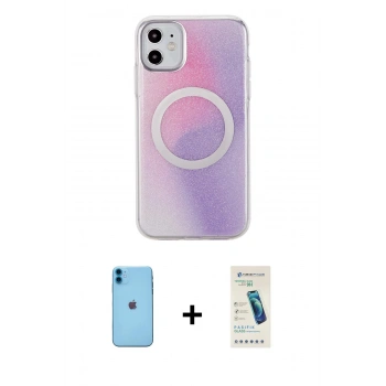 MARSİLYAN™- iPhone 11 Kılıf Pusula Form - Şeffaf Pasifik Cam Ekran Koruyucu + Neon Fosforlu Kamera Lens - MI