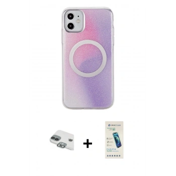 MARSİLYAN™- iPhone 11 Kılıf Pusula Form - Şeffaf Pasifik Cam Ekran Koruyucu + Pers Alüminyum Kamera Lens - YL