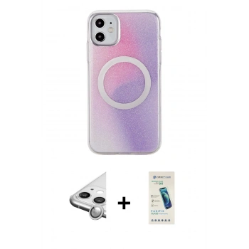 MARSİLYAN™- iPhone 11 Kılıf Pusula Form - Şeffaf Pasifik Cam Ekran Koruyucu + Raze Metal Kamera Lens - GS