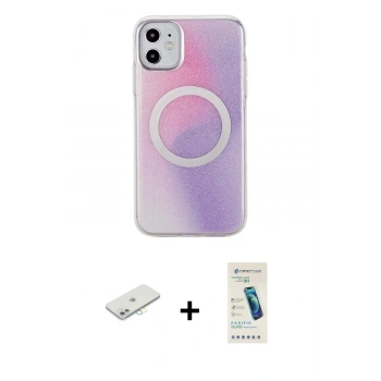 MARSİLYAN™- iPhone 11 Kılıf Pusula Form - Şeffaf Pasifik Cam Ekran Koruyucu + Renkli Kamera Lens Koruma Cam - SI