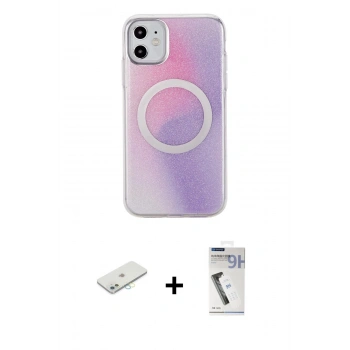 MARSİLYAN™- iPhone 11 Kılıf Pusula Form - Şeffaf Uv Polymer Nano Ekran Koruyucu + Renkli Kamera Lens Koruma Cam - SI