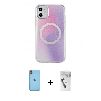 MARSİLYAN™- iPhone 11 Kılıf Pusula Form - Şeffaf Uv Polymer Nano Ekran Koruyucu + Neon Fosforlu Kamera Lens - TU