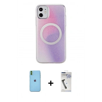MARSİLYAN™- iPhone 11 Kılıf Pusula Form - Şeffaf Uv Polymer Nano Ekran Koruyucu + Neon Fosforlu Kamera Lens - YL