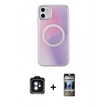 MARSİLYAN™- iPhone 11 Kılıf Pusula Form - Siyah 34D Hayalet Izgaralı Cam + PVD Metal Kamera Lens - MI