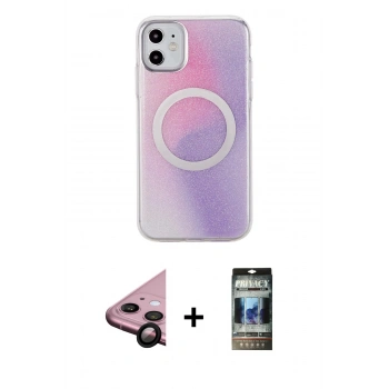 MARSİLYAN™- iPhone 11 Kılıf Pusula Form - Siyah 34D Hayalet Izgaralı Cam + Raze Metal Kamera Lens - SH