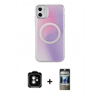 MARSİLYAN™- iPhone 11 Kılıf Pusula Form - Siyah 34D Hayalet Izgaralı Cam + PVD Metal Kamera Lens - TU