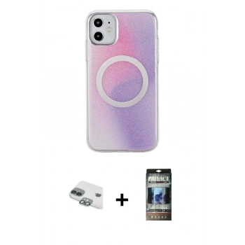 MARSİLYAN™- iPhone 11 Kılıf Pusula Form - Siyah 34D Hayalet Izgaralı Cam + Pers Alüminyum Kamera Lens - YL
