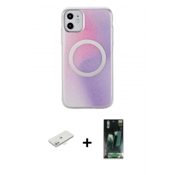 MARSİLYAN™- iPhone 11 Kılıf Pusula Form - Siyah 360 Mat Full Body Arka Koruyucu + Renkli Kamera Lens Koruma Cam - SI