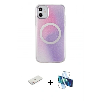 MARSİLYAN™- iPhone 11 Kılıf Pusula Form - Siyah 3D Antistatik Cam Ekran Koruyucu + Renkli Kamera Lens Koruma Cam - PE