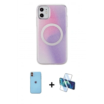 MARSİLYAN™- iPhone 11 Kılıf Pusula Form - Siyah 3D Antistatik Cam Ekran Koruyucu + Neon Fosforlu Kamera Lens - TU