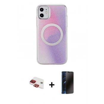 MARSİLYAN™- iPhone 11 Kılıf Pusula Form - Siyah 3D Antistatik Hayalet Cam Ekran Koruyucu + Pers Alüminyum Kamera Lens - KI