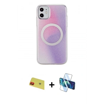MARSİLYAN™- iPhone 11 Kılıf Pusula Form - Siyah 3D Antistatik Seramik Nano Ekran Koruyucu + Rainbow Kamera Lens Koruma Cam - KI