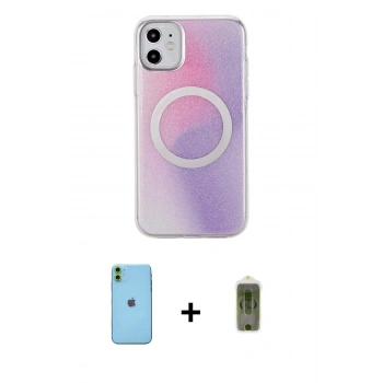MARSİLYAN™- iPhone 11 Kılıf Pusula Form - Siyah Joko Magic 5D Hayalet Cam + Neon Fosforlu Kamera Lens - YL