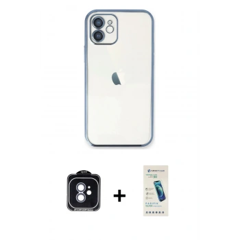 MARSİLYAN™- iPhone 11 Kılıf Vadi Minimal - Şeffaf Pasifik Cam Ekran Koruyucu + PVD Metal Kamera Lens - MI