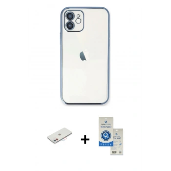 MARSİLYAN™- iPhone 11 Kılıf Vadi Minimal - Şeffaf Royal Nano Ekran Koruyucu + Renkli Kamera Lens Koruma Cam - PE