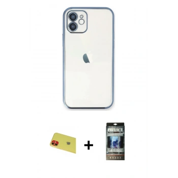 MARSİLYAN™- iPhone 11 Kılıf Vadi Minimal - Siyah 34D Hayalet Izgaralı Cam + Rainbow Kamera Lens Koruma Cam - KI