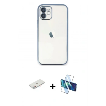 MARSİLYAN™- iPhone 11 Kılıf Vadi Minimal - Siyah 3D Antistatik Cam Ekran Koruyucu + Renkli Kamera Lens Koruma Cam - PE