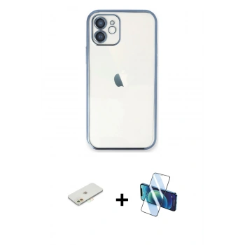 MARSİLYAN™- iPhone 11 Kılıf Vadi Minimal - Siyah 3D Antistatik Cam Ekran Koruyucu + Renkli Kamera Lens Koruma Cam - TU