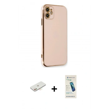 MARSİLYAN™- iPhone 11 Kılıf Yankı Serisi - Şeffaf Pasifik Cam Ekran Koruyucu + Renkli Kamera Lens Koruma Cam - YL