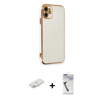 MARSİLYAN™- iPhone 11 Kılıf Yankı Serisi - Şeffaf Uv Polymer Nano Ekran Koruyucu + Renkli Kamera Lens Koruma Cam - SI