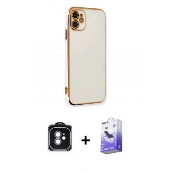MARSİLYAN™- iPhone 11 Kılıf Yankı Serisi - Siyah Bilvis 5in1 5D Magic Hayalet Cam Ekran Koruyucu + PVD Metal Kamera Lens - MI
