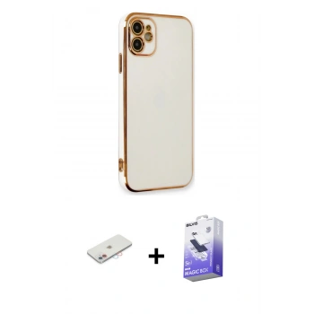 MARSİLYAN™- iPhone 11 Kılıf Yankı Serisi - Siyah Bilvis 5in1 5D Magic Hayalet Cam Ekran Koruyucu + Renkli Kamera Lens Koruma Cam - PE