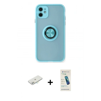 MARSİLYAN™- iPhone 11 Kılıf Yörünge Çizgi - Şeffaf Pasifik Cam Ekran Koruyucu + Renkli Kamera Lens Koruma Cam - SI
