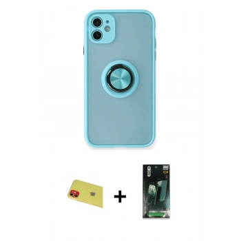 MARSİLYAN™- iPhone 11 Kılıf Yörünge Çizgi - Siyah 360 Mat Full Body Arka Koruyucu + Rainbow Kamera Lens Koruma Cam - KI
