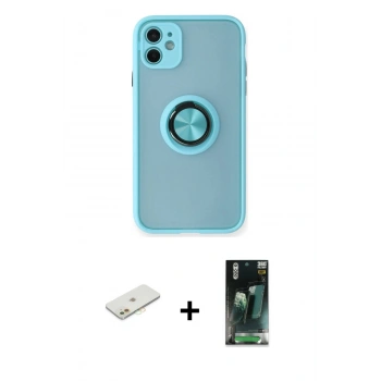 MARSİLYAN™- iPhone 11 Kılıf Yörünge Çizgi - Siyah 360 Mat Full Body Arka Koruyucu + Renkli Kamera Lens Koruma Cam - TU