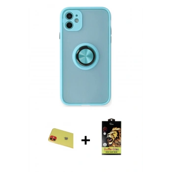 MARSİLYAN™- iPhone 11 Kılıf Yörünge Çizgi - Siyah Buffer Cam Ekran Koruyucu + Rainbow Kamera Lens Koruma Cam - KI