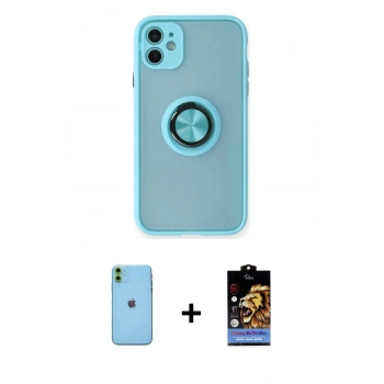 MARSİLYAN™- iPhone 11 Kılıf Yörünge Çizgi - Siyah Buffer Hayalet Cam Ekran Koruyucu + Neon Fosforlu Kamera Lens - YL