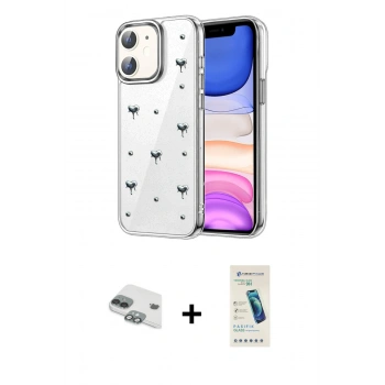MARSİLYAN™- iPhone 11 Kılıf Yörünge Form - Şeffaf Pasifik Cam Ekran Koruyucu + Pers Alüminyum Kamera Lens - YL