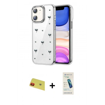 MARSİLYAN™- iPhone 11 Kılıf Yörünge Form - Şeffaf Pasifik Cam Ekran Koruyucu + Rainbow Kamera Lens Koruma Cam - KI