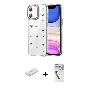 MARSİLYAN™- iPhone 11 Kılıf Yörünge Form - Şeffaf Uv Polymer Nano Ekran Koruyucu + Renkli Kamera Lens Koruma Cam - YL