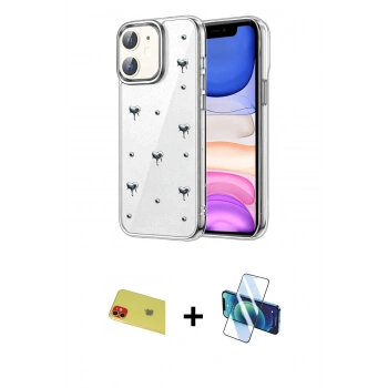 MARSİLYAN™- iPhone 11 Kılıf Yörünge Form - Siyah 3D Antistatik Cam Ekran Koruyucu + Rainbow Kamera Lens Koruma Cam - KI